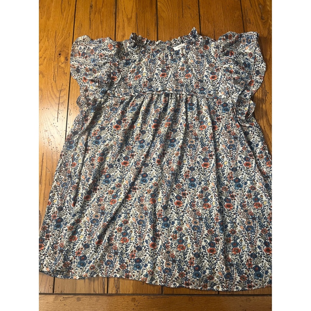 Rose + Olive Floral Ruffle Neck Flutter Sleeve Blouse Top 1X Multi-Color